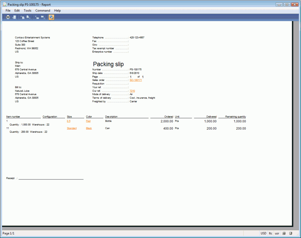 Packing Slip Information