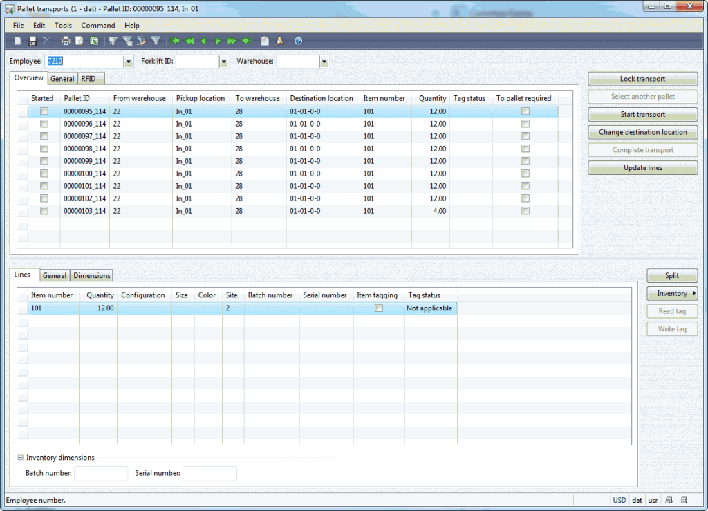 Pallet transports form – Dynamics AX Training