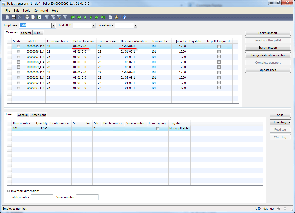 Pallet transports form – Dynamics AX Training