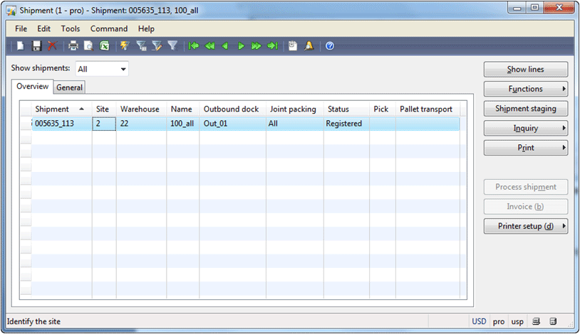 Shipment form (Registered status) – Dynamics AX Training